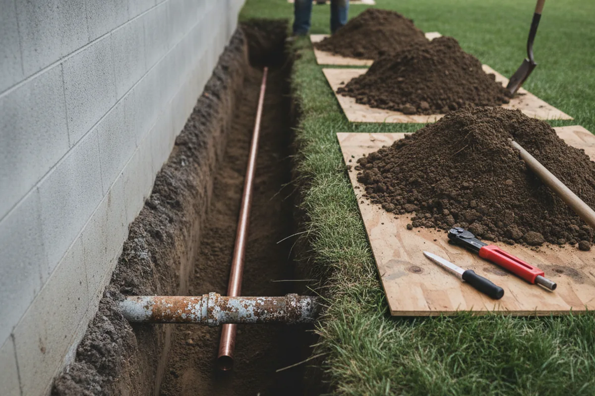 Excavated water line trench during Sewer Line Repair in Duncan
